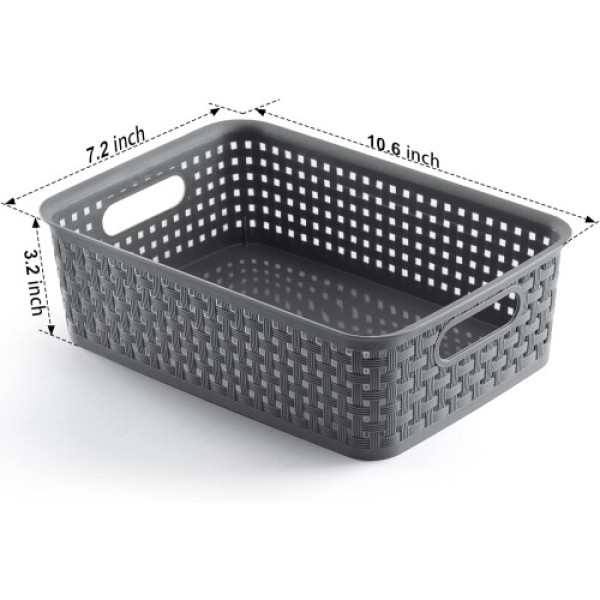 Plastic Storage Baskets 8 Pack Gray Durable Flexible Multi-Purpose Organizers for Closets Cabinets Shelves Countertops